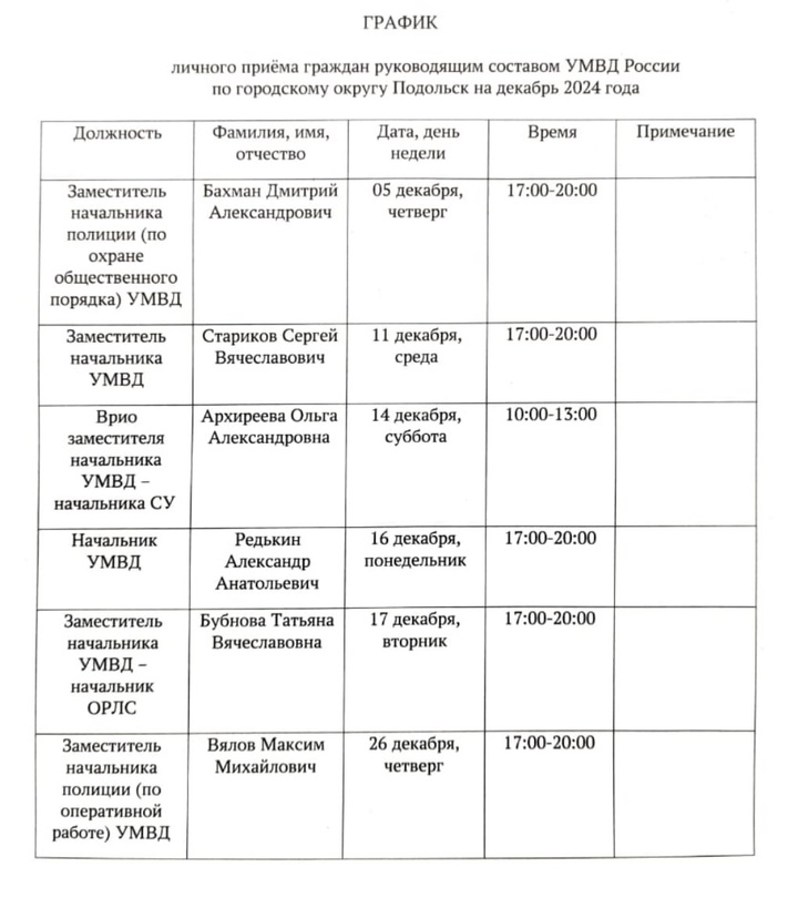 График приема гражданруководителями УМВД России по Подольску в декабре 2024 года