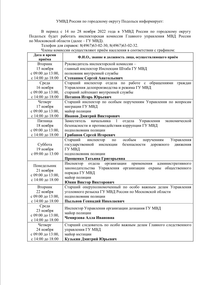 Инспекторская комиссия главка МВД посетит Подольск