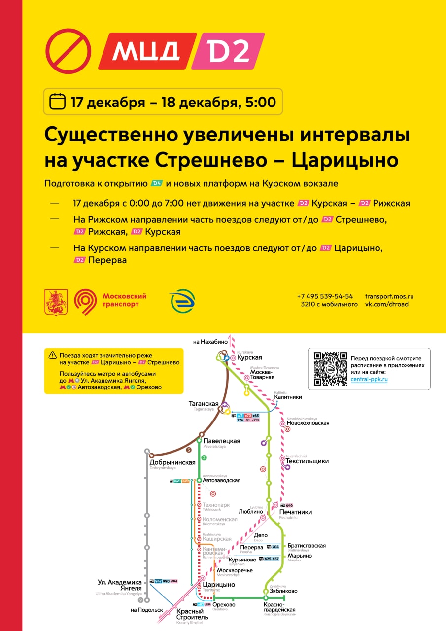 С полуночи 17 декабря до 5 утра 18 декабря значительно изменится расписание  поездов на МЦД-2