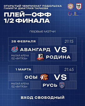 Полуфинальные матчи чемпионата Подольска памяти Дмитрия Тараева пройдут в Ледовом дворце «Витязь»